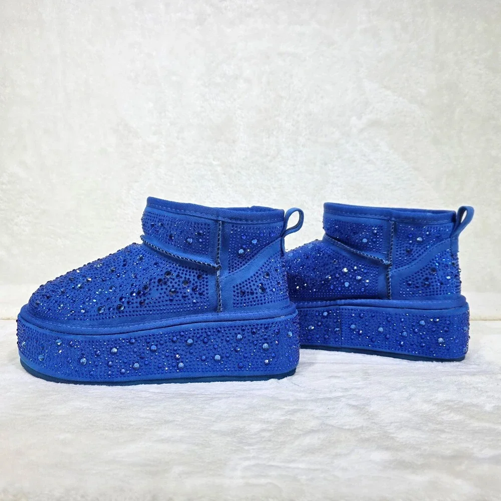 Ego Flashy fx Fur Lined Winter Platform Ankle Boots Bright Blue Rhinestones